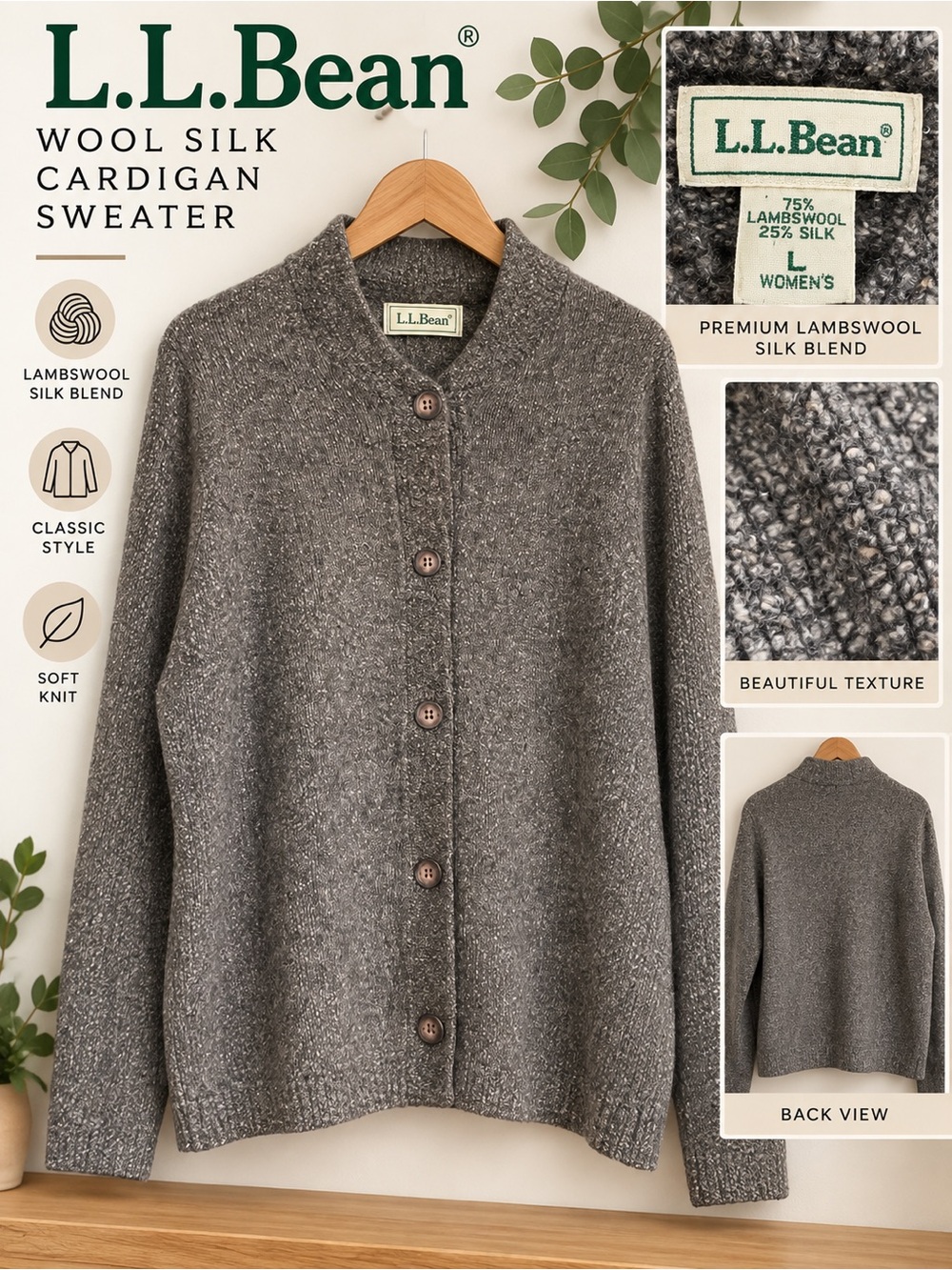 Vintage L.L.Bean Lambswool Silk Cardigan Sweater Women’s L Gray Scotland